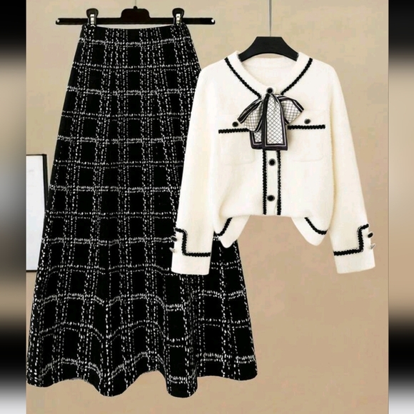 Sweaters - Set Women French Style Wool Blend Cardigan Sweater And Plaid A-Line Midi Skirt
